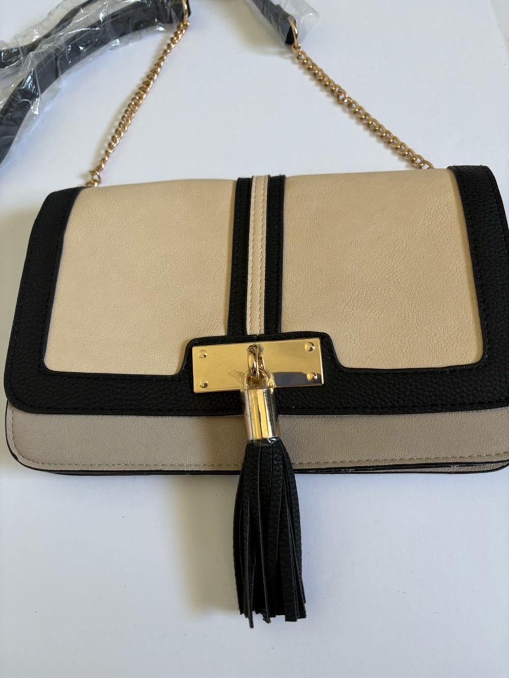 Sears Beige, grey, black, Chain Tassel Crossbody bag, 9 inches by 6 inches. NWT. - Picture 2 of 15